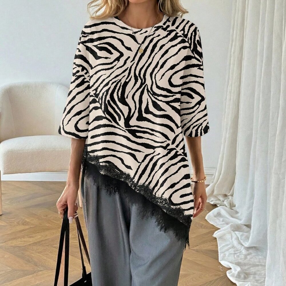 Multicolor Casual Women's Animal Print Asymmetric Hem Lace Patchwork T-Shirt - Picture 4 of 7